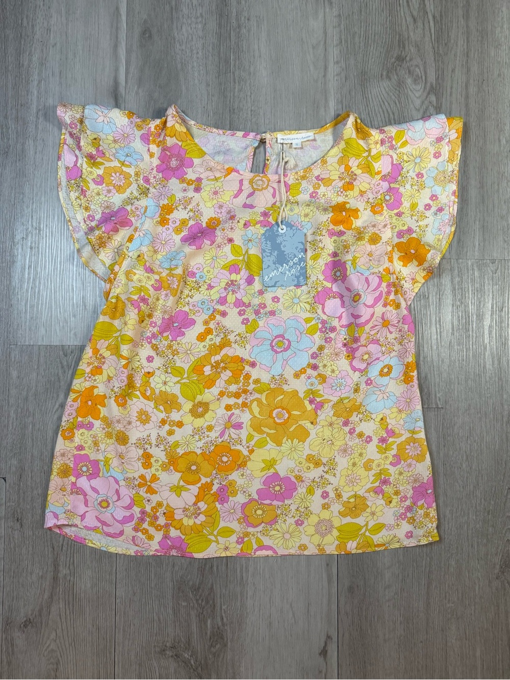 Emerson Rose Women’s Floral Multicolor Flutter Short Sleeve Blouse Size S NWT